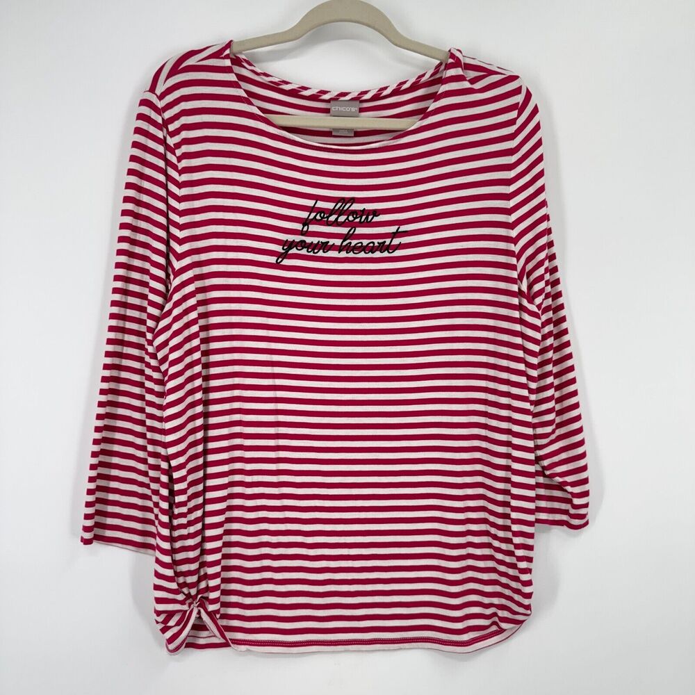 chicos 3 us xl white pink "follow your heart" rayon 3/4 sleeve tee top